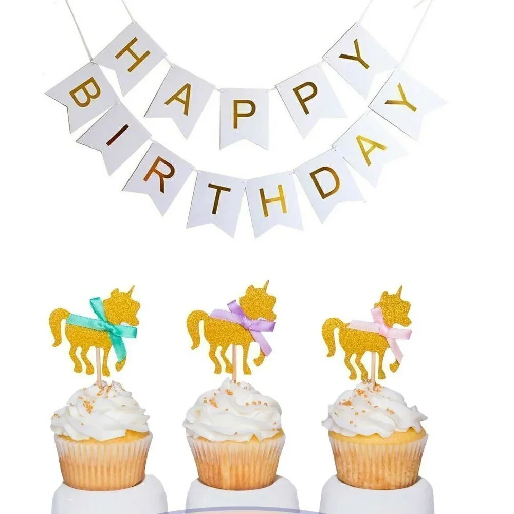 🌺 Gold Unicorn Cupcake Toppers & Classic Happy Birthday Banner
